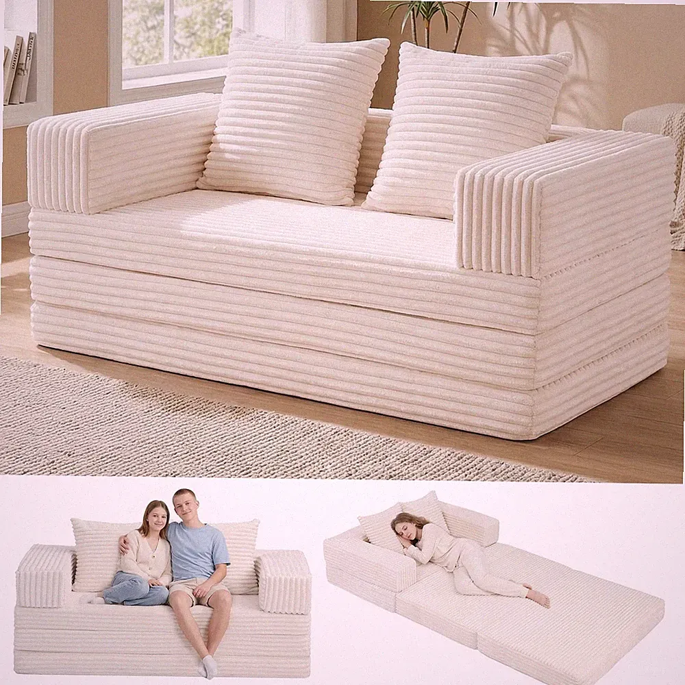 Beige 4-in-1 Convertible Loveseat Sofa Bed With Removable Armrests And Pillow
