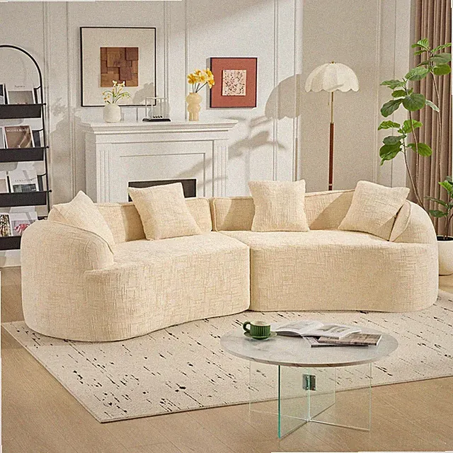Beige 4-Seat Curved Sofa with Round Armrests, No Assembly Needed