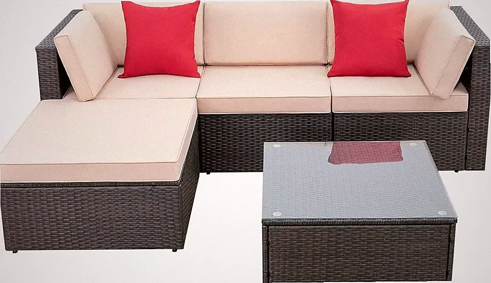 Beige 5-Piece All-Weather Outdoor Wicker Sectional Sofa Set with Glass Table