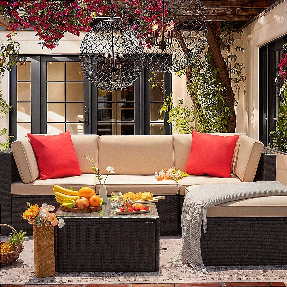 Beige 5-Piece Outdoor Patio Sectional Set with Table - All-Weather Wicker
