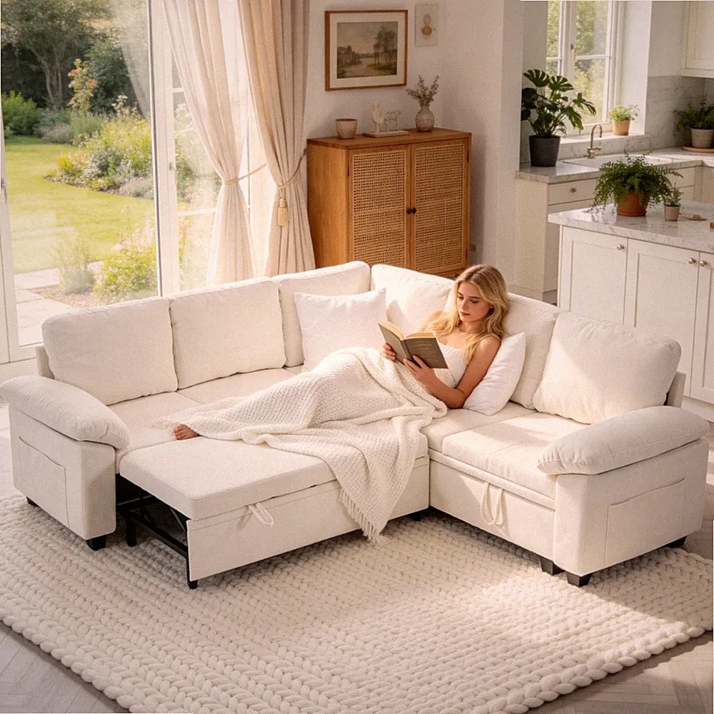 Beige 5-Seater L-Shaped Sectional Sofa Bed with Storage Ottoman and Pull Out Bed
