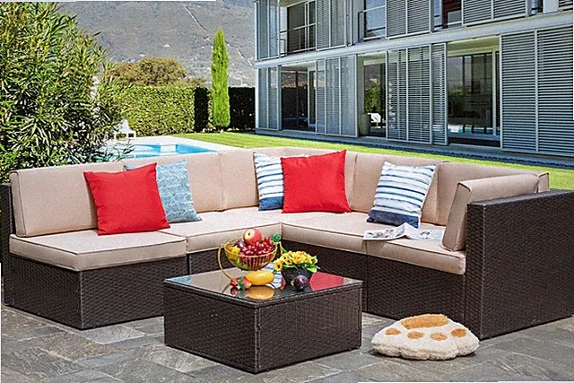 Beige 6-Piece Outdoor Sectional Sofa Set with Glass Table, All-Weather Wicker