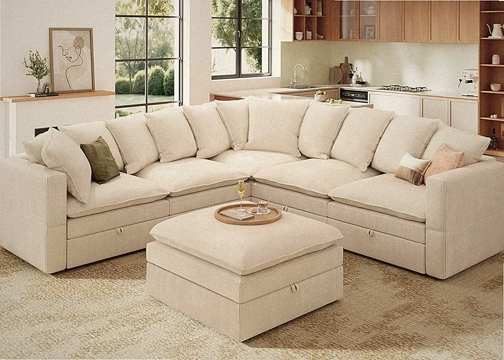 Beige 6-Seater L-Shaped Corduroy Sectional Sofa with Ottoman & Storage