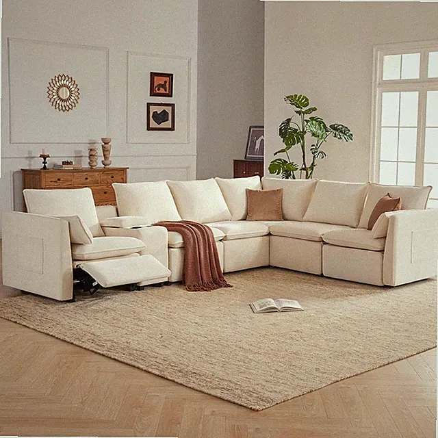 Beige 6-Seater Power Reclining Sectional Sofa Set with Storage Console