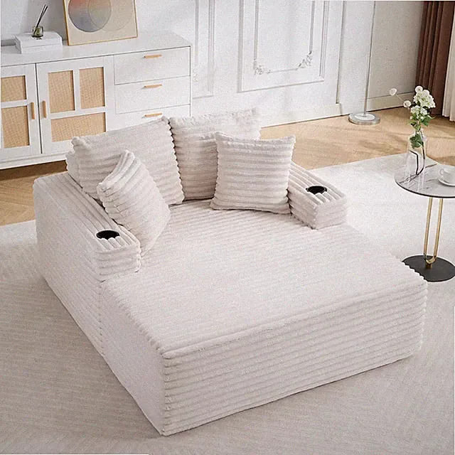 Beige 64" Oversized Corduroy Sofa Bed with Cup Holders & Pillows for Comfort