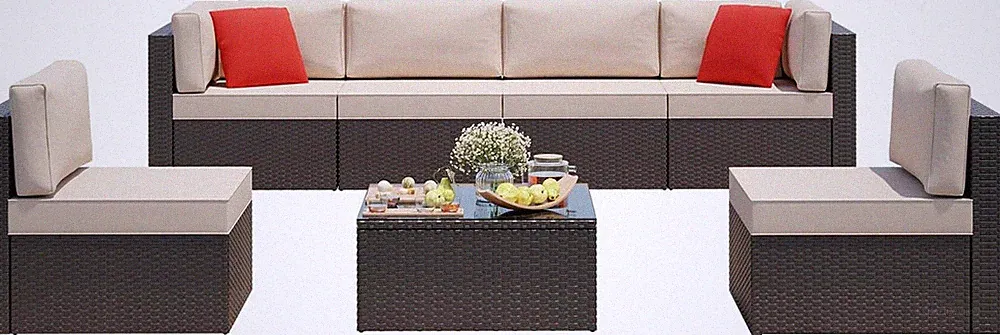 Beige 7-Piece Outdoor Modular Sectional Sofa Set with Glass Table & Cushions