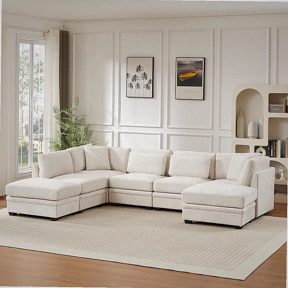Beige 7-Piece Reversible Modular Sectional Sofa with Ottomans for Living Room