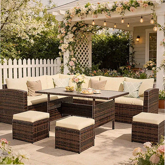 Beige 7-Piece Wicker Patio Furniture Set with Ottoman & Wide Armrests