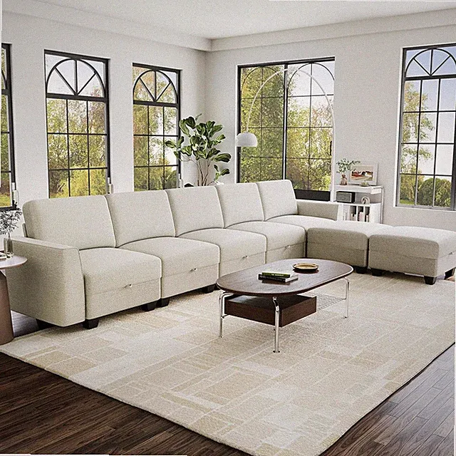 Beige 7-Seater U-Shaped Modular Sofa with Storage Ottoman, 140