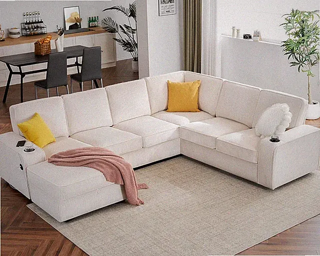 Beige 7-Seater U-Shaped Sofa with USB Ports & Storage Chaise