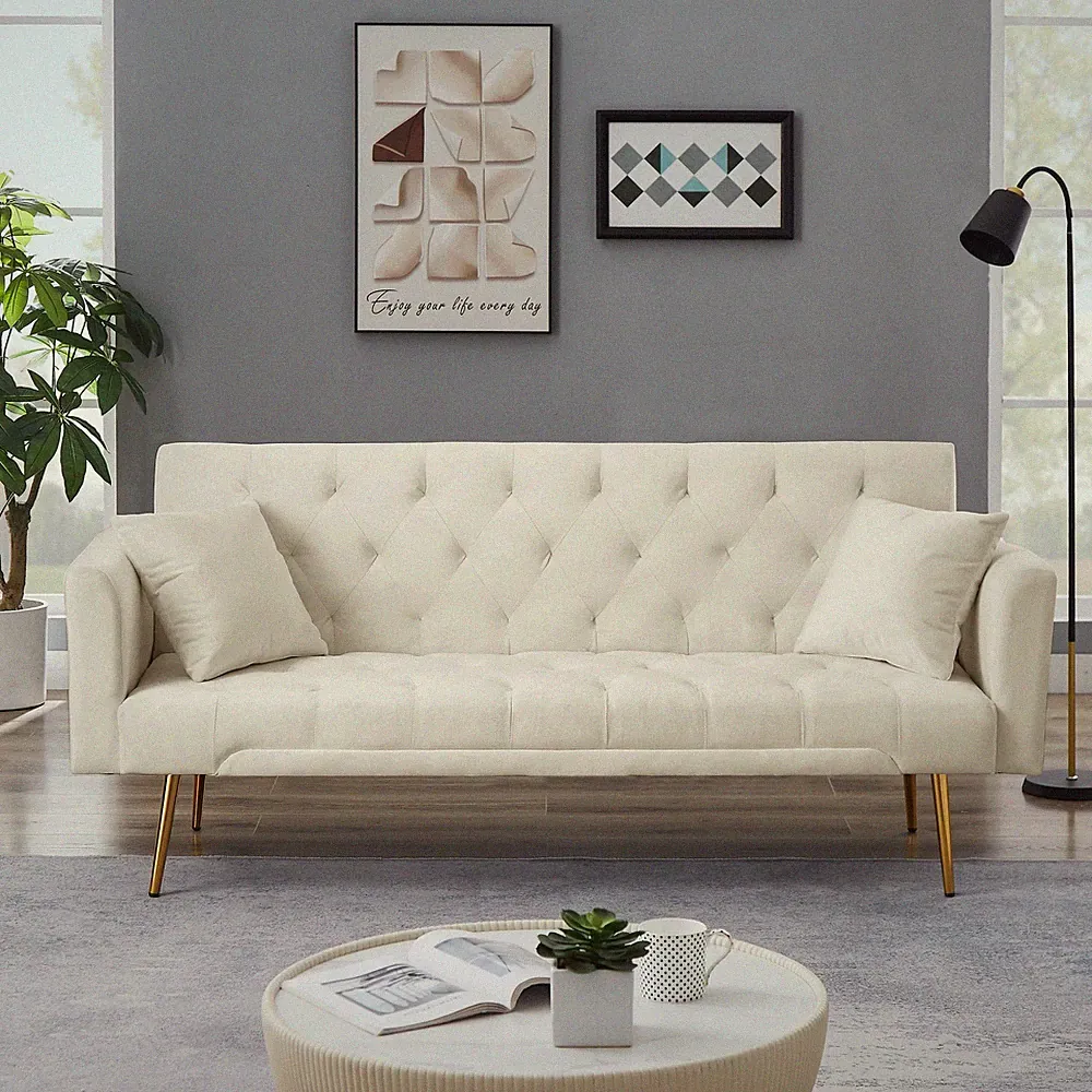 Beige 71" Velvet Futon Sofa Bed with 2 Pillows & Adjustable Backrest, Gold Feet