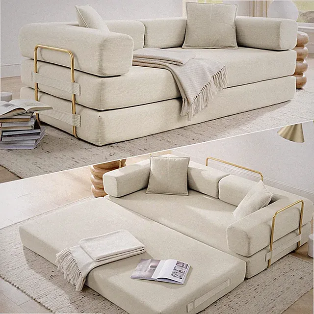 Beige 78" Convertible Sleeper Sofa Bed - No Assembly Futon Couch