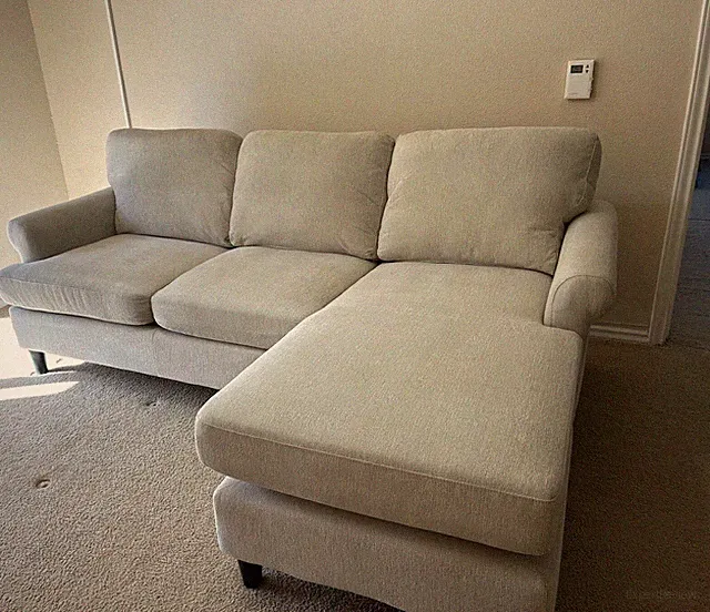 Beige 84" Sofa with Reversible Chaise: 84"W x 58"D x 34.5"H