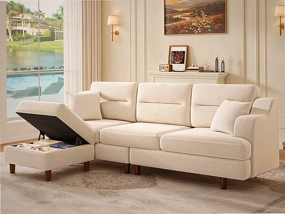 Beige 89" L-Shaped Convertible Sofa with Storage & Reversible Ottoman