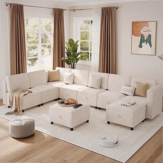 Beige 9-Seat L-Shaped Sofa with Storage Ottoman & Sleeper Feature