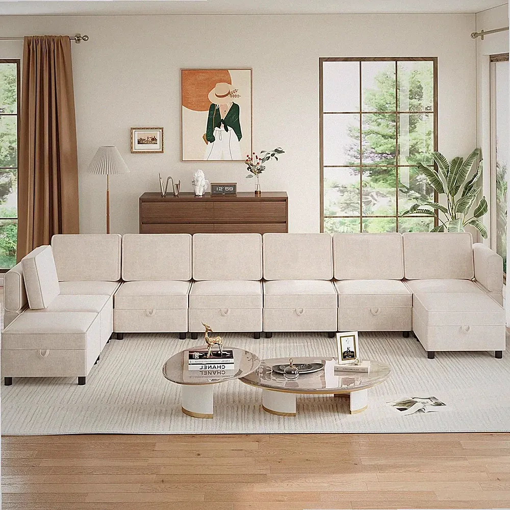 Beige 9-Seat L-Shaped Sofa with Storage Ottoman & Sleeper Function
