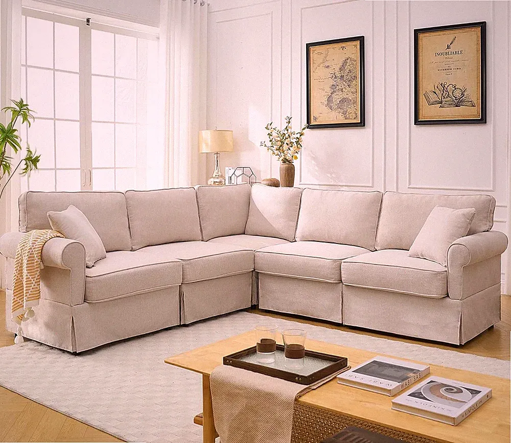 Beige 94" L-Shaped Modular Linen Sectional Sofa for Living Room & Bedroom