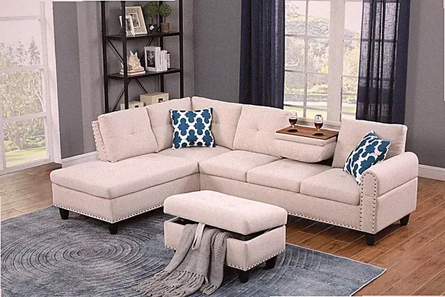 Beige 98" L-Shaped Sectional Sofa with Storage Ottoman & Cup Holders