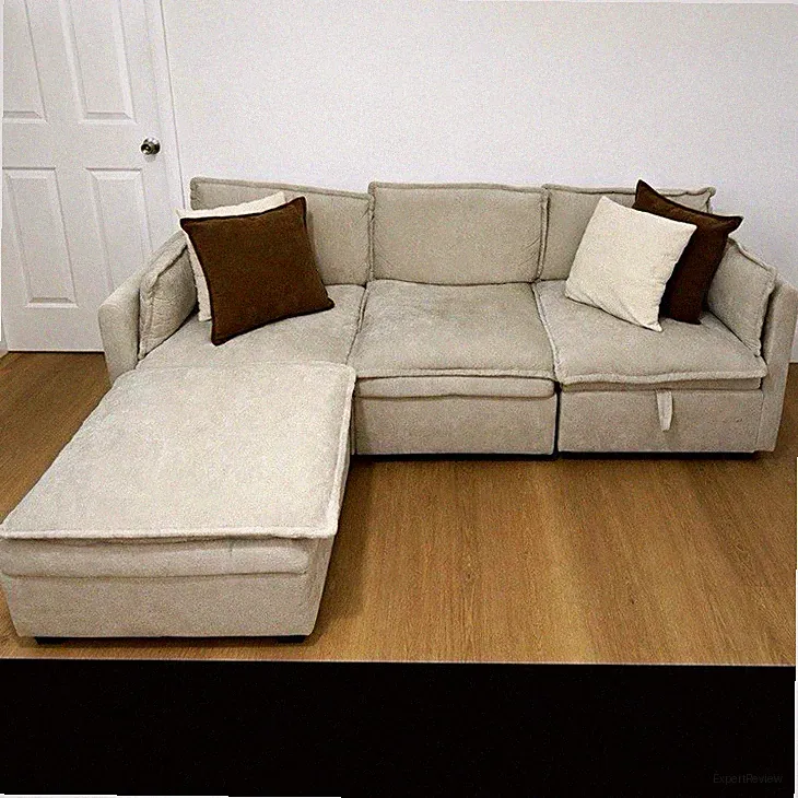 Beige Bouclé Sectional Sofa w/ Cushions, Wood Frame, Solid, Seats 3