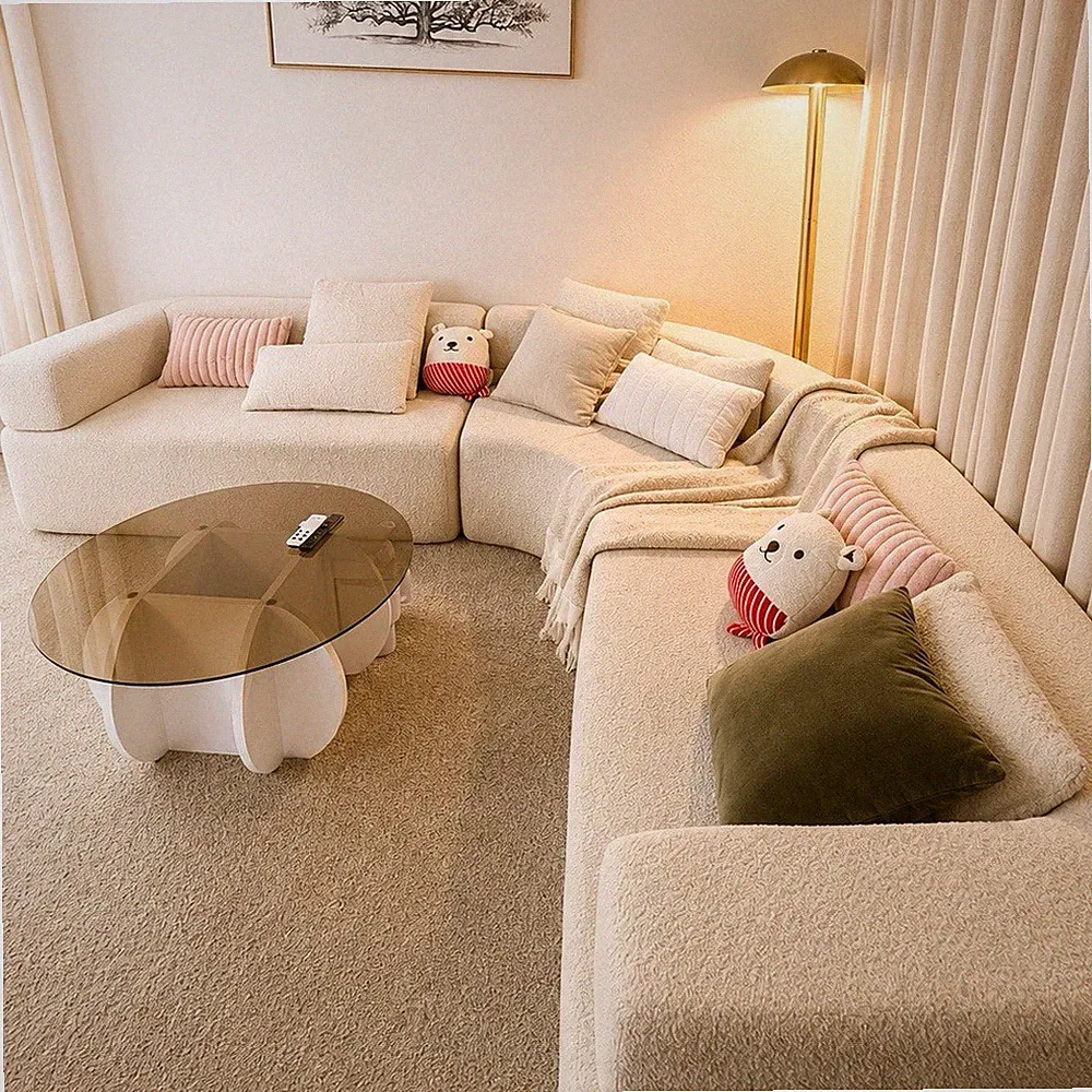 Beige Bouclé Upholstered Sectional Sofa, Contemporary Modern Living Room