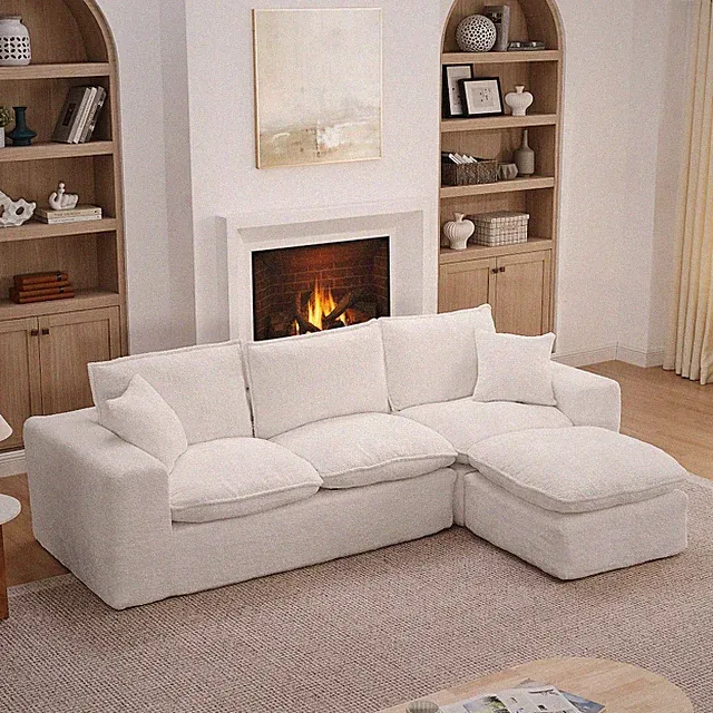 Beige Boucle L-Shaped Sectional Sofa with Ottoman and Pillows, Modular