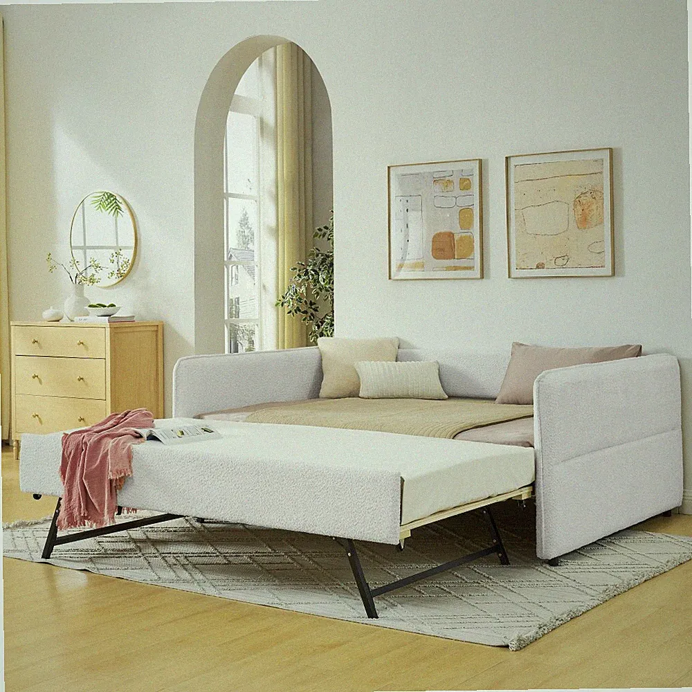 Beige Boucle Tufted Full Daybed with Trundle Sofa Bed
