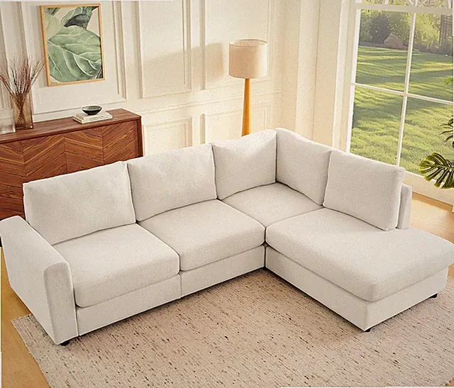 Beige Chenille 100" L-Shaped Sectional Sofa with Reversible Chaise
