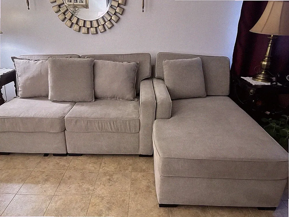 Beige Chenille 3-Piece Sectional Sofa Chaise w/ Cushions Retro Square Arm