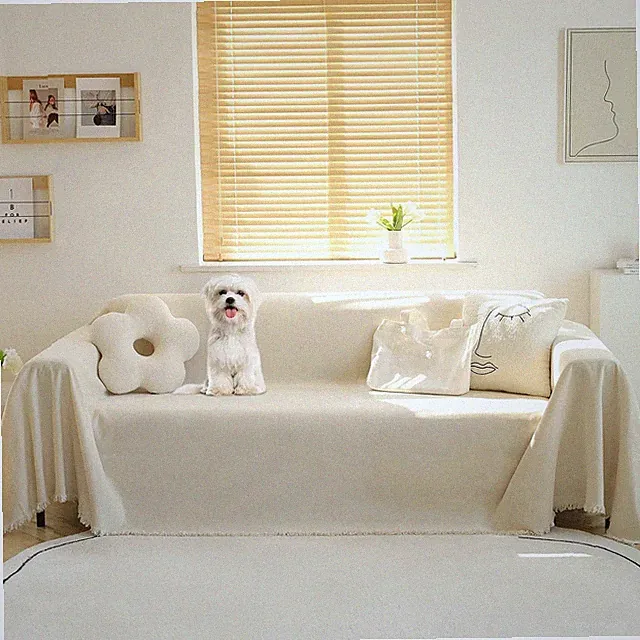 Beige Chenille Couch Cover for 3 Cushion Sofa - Pet Protector, 91" x 118
