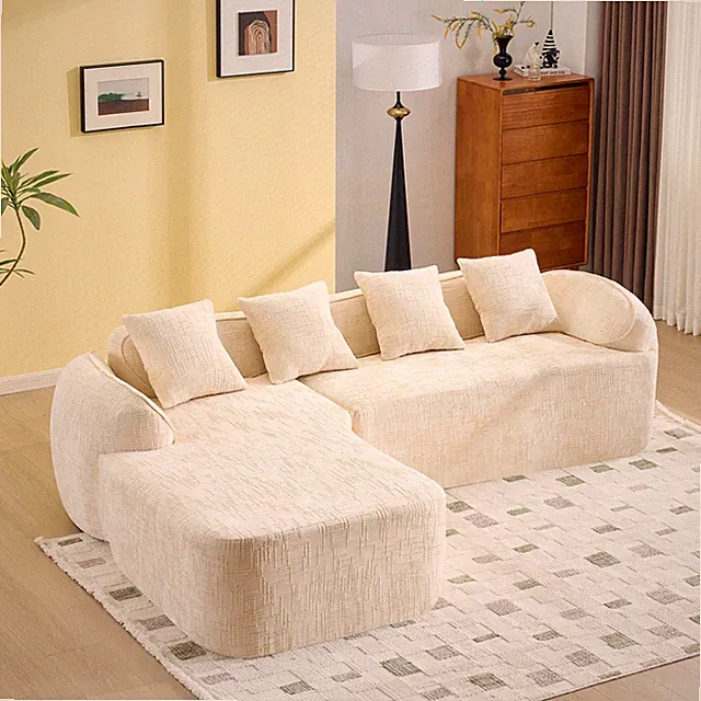 Beige chenille L-shaped compressed sofa that goes well w/any living room. It fea