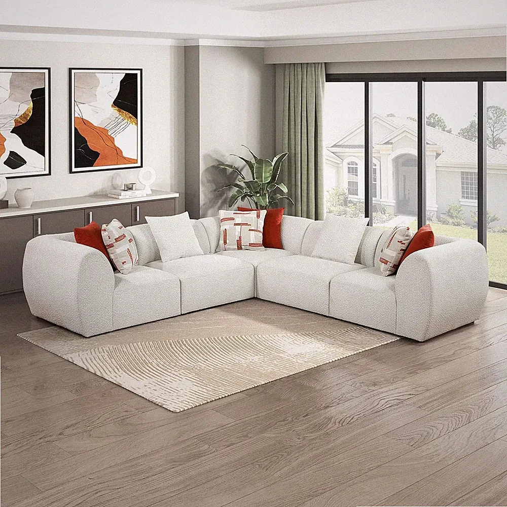 Beige Chenille L-Shaped Sectional Sofa with 8 Pillows for Living Room