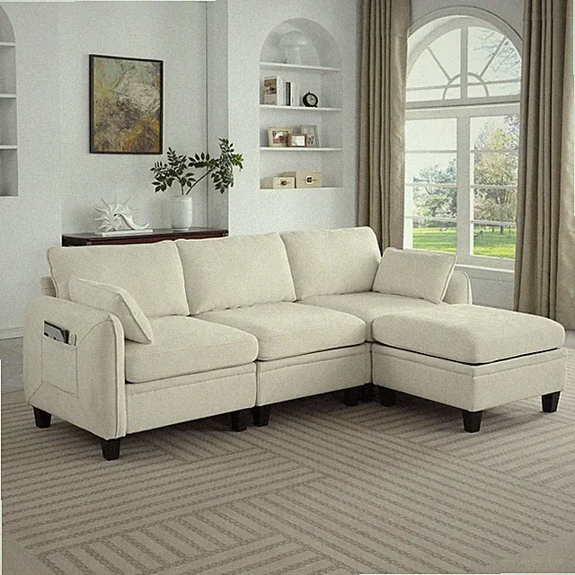 Beige Chenille Modular L-Shaped Sectional Cloud Couch with Storage Ottoman