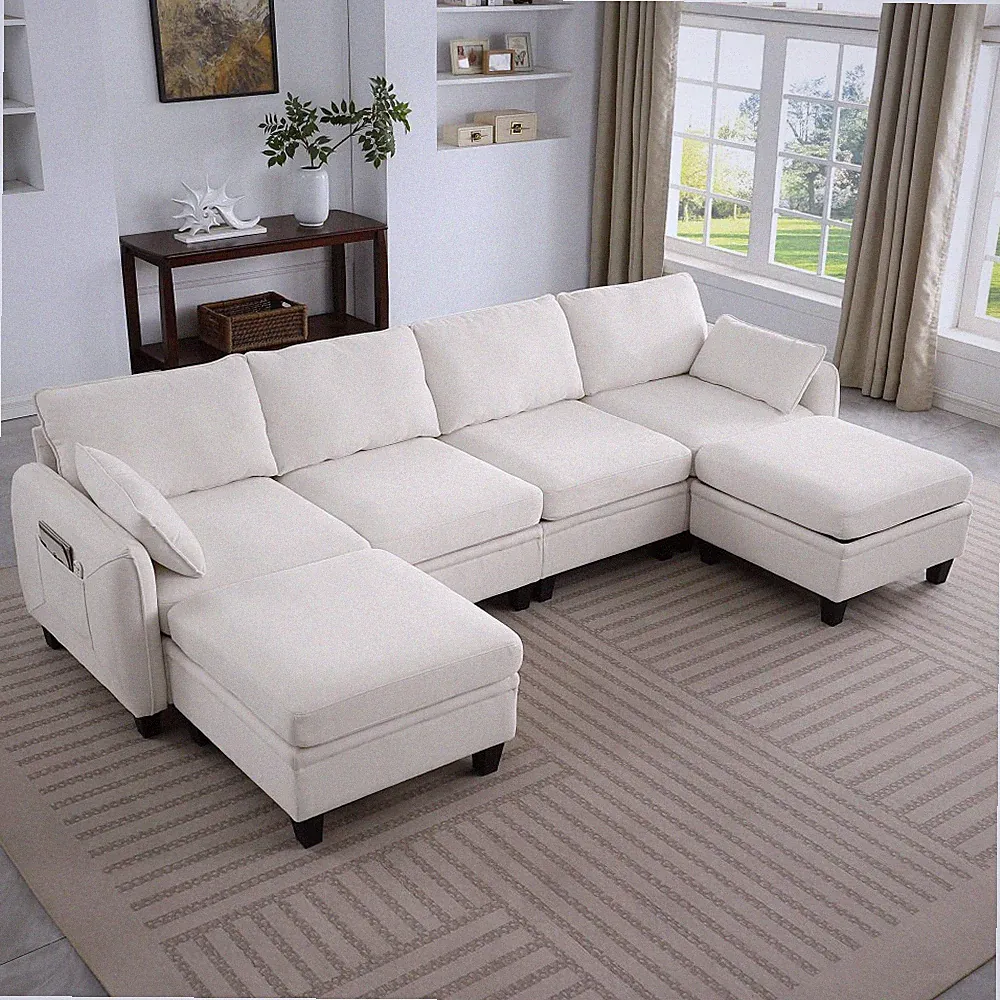Beige Chenille Modular Sectional L-Shaped Sofa w/ Storage Ottoman