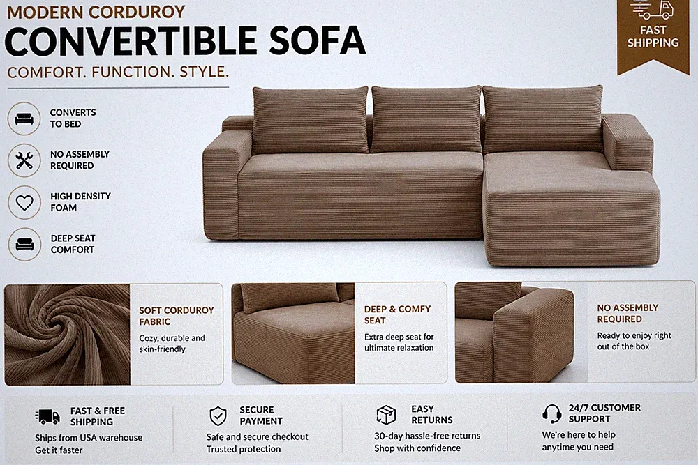 Beige Cloud Sectional Couch L-Shape Chaise Compression Boneless Sofa No Assembly