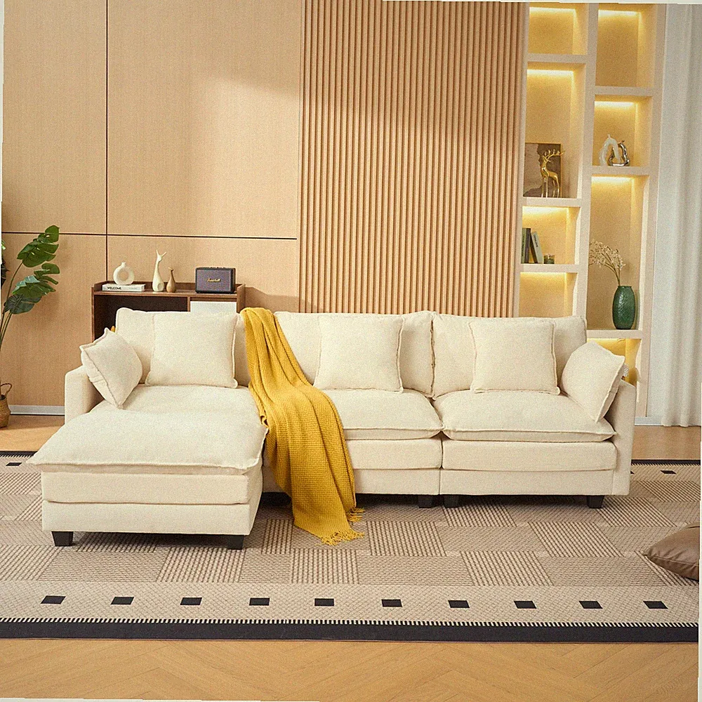 Beige color 3-seat combo sofa w/ ottoman for living room apartment bedroom and