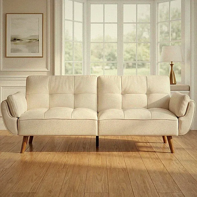 Beige Convertible Futon Sofa Bed with Adjustable Armrests for Small Spaces