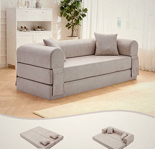 Beige Convertible Sleeper Sofa Bed with Pillows & Storage Pocket, No Assembly