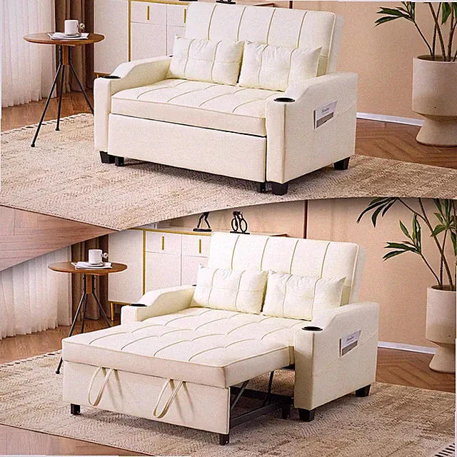 Beige Convertible Sleeper Sofa Bed with USB Ports & Cup Holders