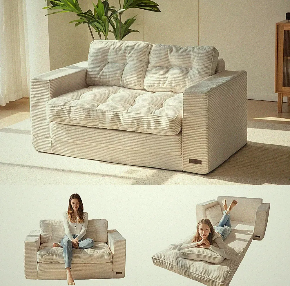 Beige Convertible Sofa Bed - 2-in-1 Pull Out Loveseat Sleeper with Pillows