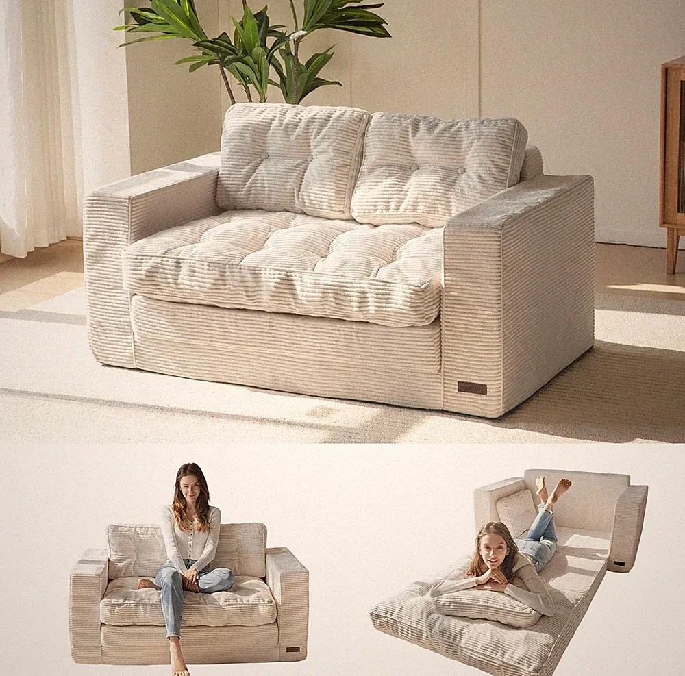 Beige Convertible Sofa Bed Pull Out Loveseat Sleeper 2 in 1 Folding Couch with P