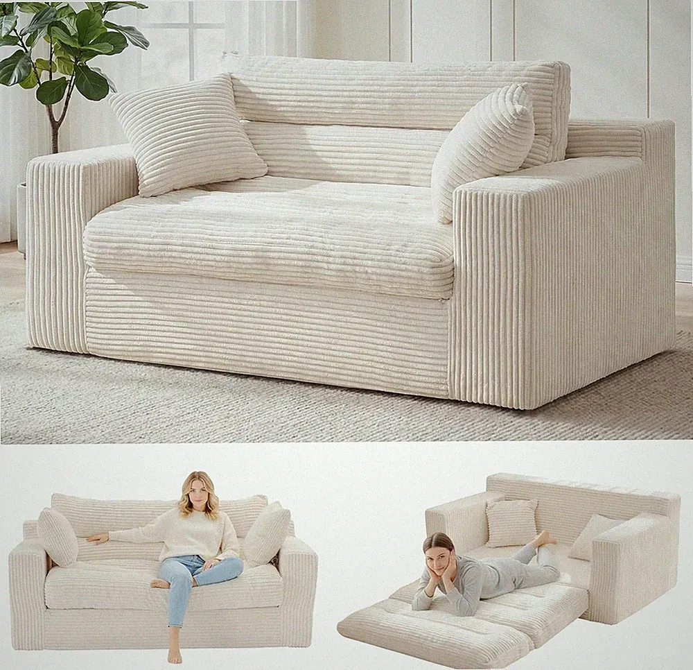 Beige Convertible Sofa Bed with Pillows - 2-Seater Loveseat for Any Space