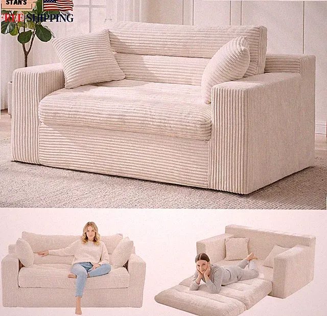 Beige Convertible Sofa Bed with Pillows 2 Seater Loveseat for Any Space NEW USA