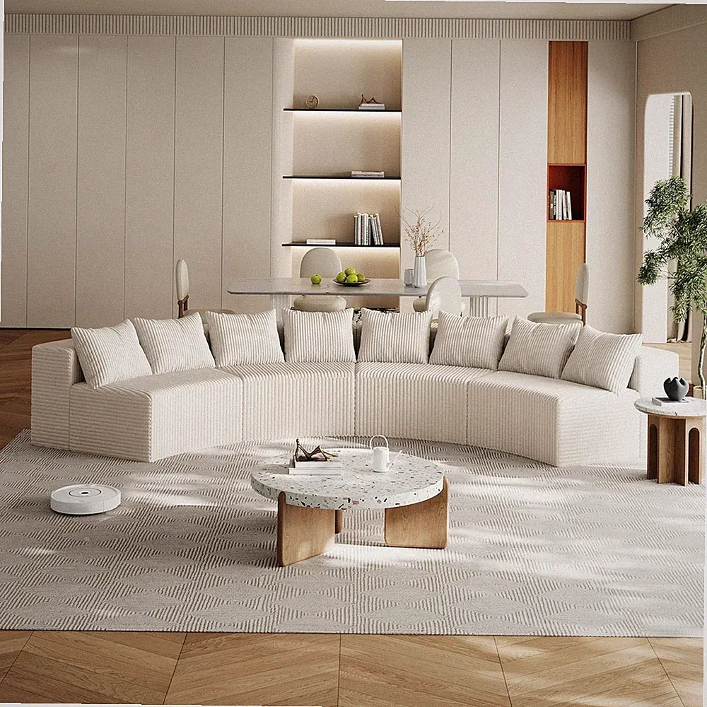 Beige Corduroy Curved Sectional Sofa - 4 Seater Modular Couch for Living Room