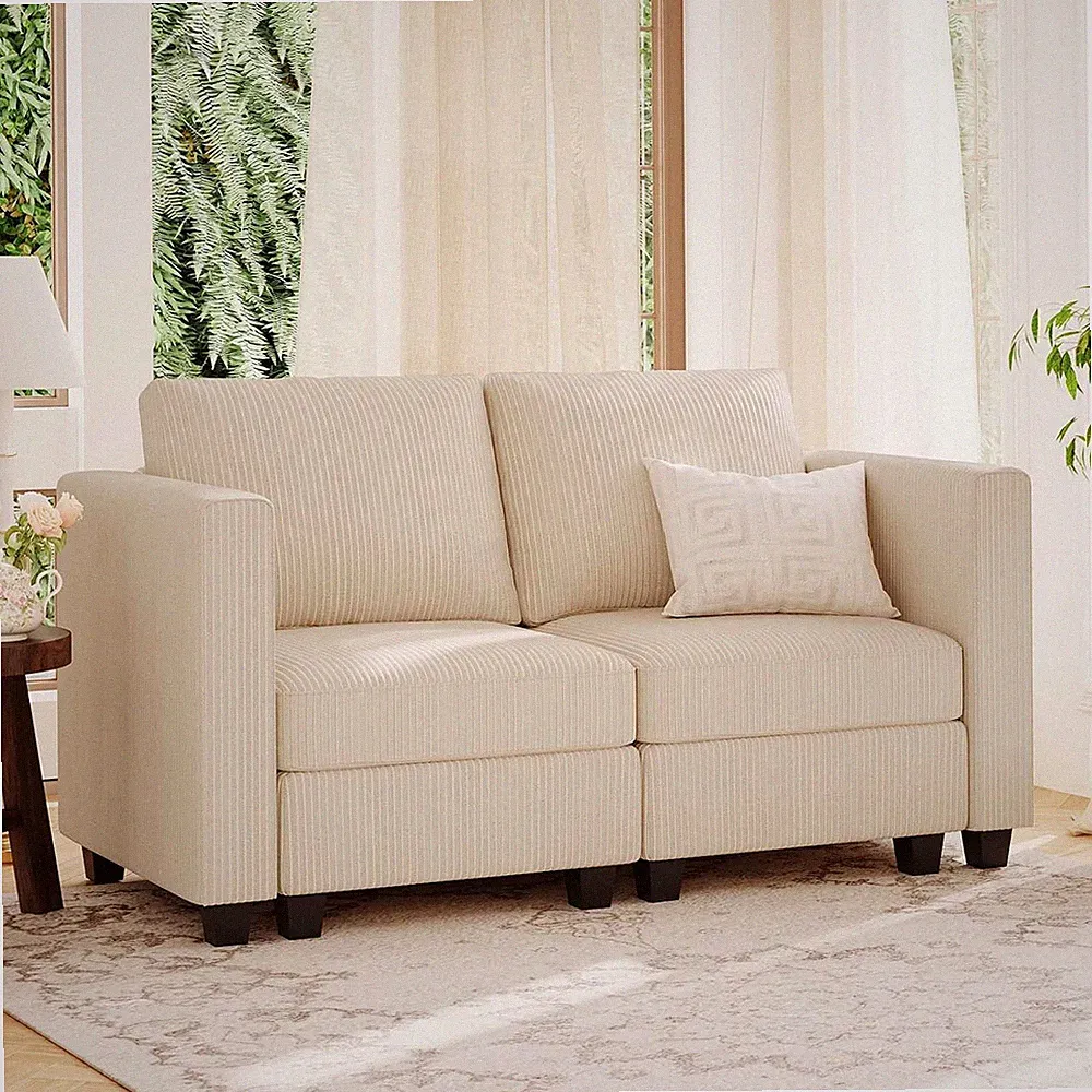 Beige Corduroy Modular Loveseat with Storage - Modern Luxury Couch