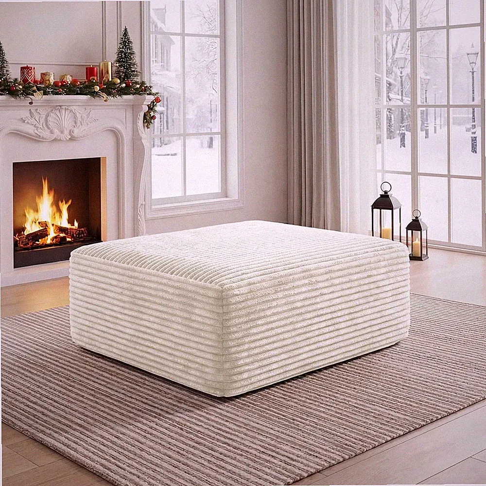Beige Corduroy Ottoman - Modern Foam Foot Rest for Living Room & Bedroom