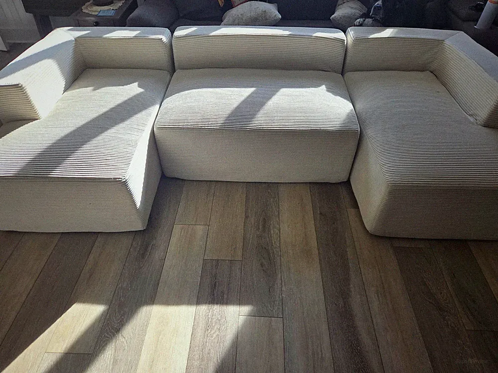 Beige Corduroy Sectional Sofa w/ Chaise Lounges, Solid, 4-Seat, 100" Wide