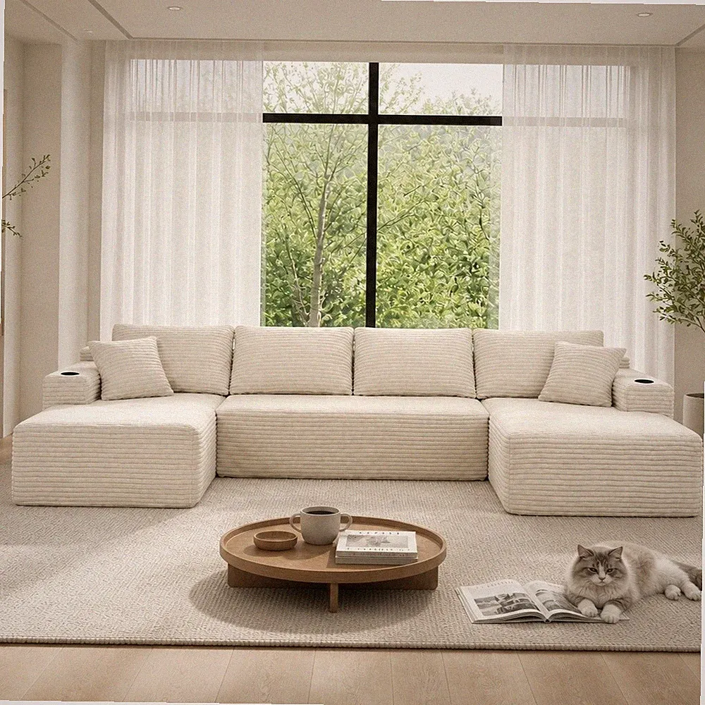 Beige Corduroy U Shaped Sectional Sofa 126in Modular Couch with Cup Holder Chais