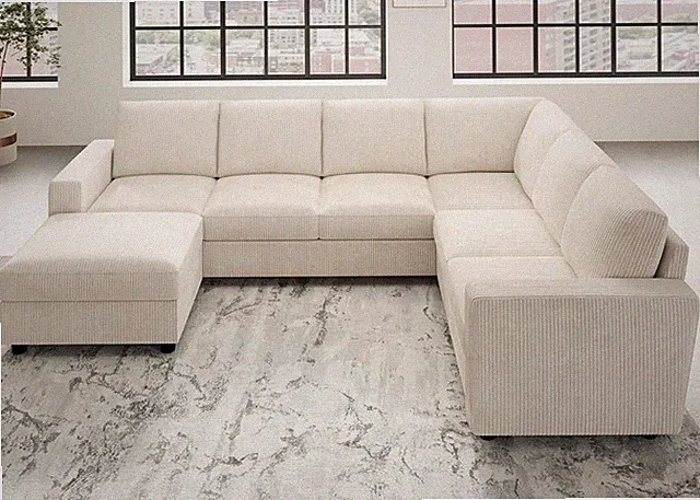 Beige Corduroy U-Shaped Sectional Sofa with Ottoman, 7 Seats, 102.4