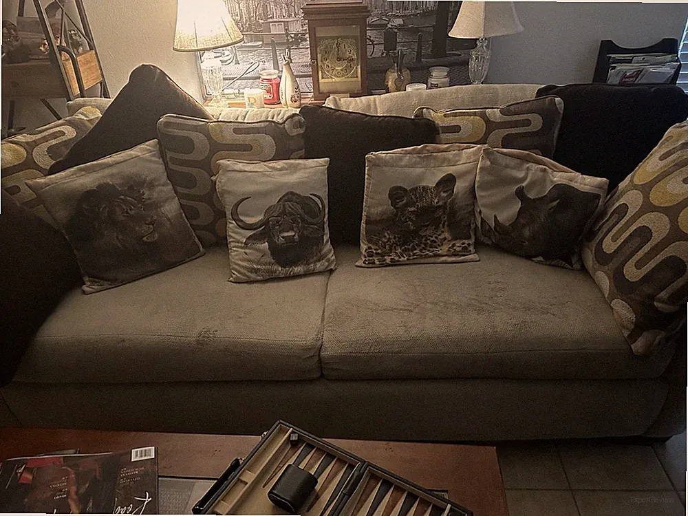 Beige Cotton Blend Modern 4-Seat Sofa w/ Cushions, Animal Print Pillows