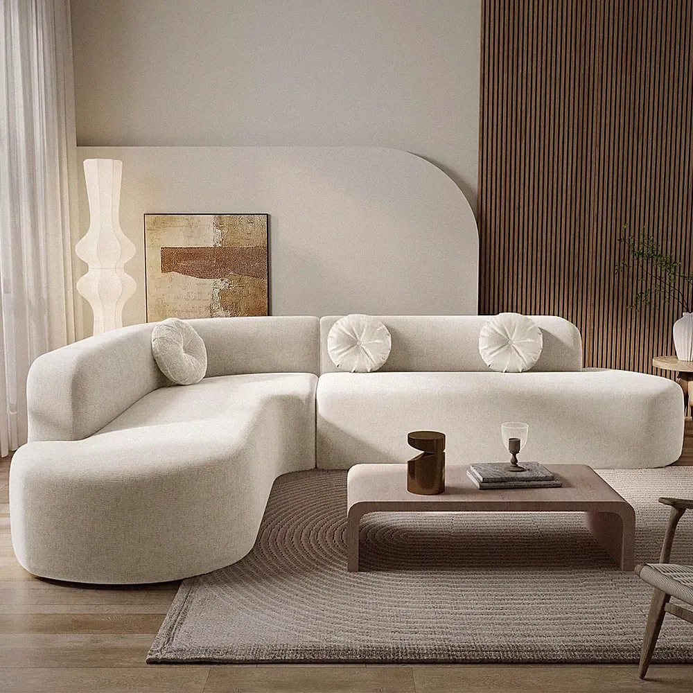 Beige Curved Deep Seat Sectional Sofa with 3 Cushions - No Assembly Needed